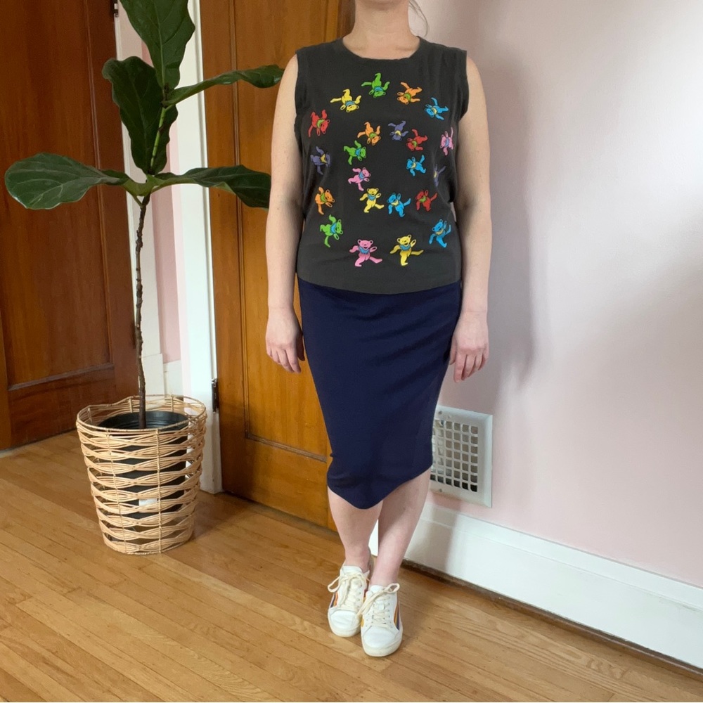 Thyme & Honey Navy Woven Cotton Blend Pencil Midi Skirt Elastic Waist - Picture 6 of 13